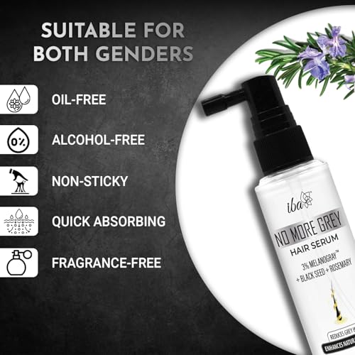 Image of Iba No More Grey Hair Serum, 45ml | 3% MelanoGray + Blackseed + Rosemary | Reverses & Limits Greying | Enhances Natural Color | Reduces Grey Hair | Light-Weight & Non-Sticky | For Men & Women | All Hair Types
