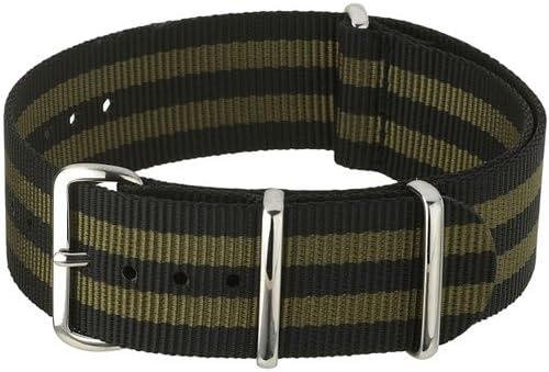 NATO-Style Black and Olive Green Striped Nylon Strap with Stainless Steel Buckles NATO-8A-SS-0001 (20mm)