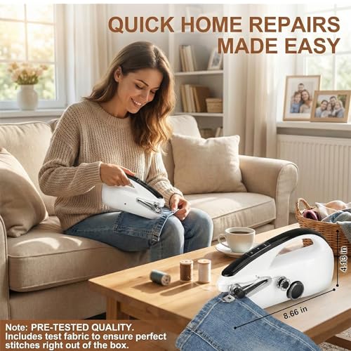 Image of Portable Mini Sewing Machine for Beginners， Portable Handheld Sewing Machine with Dual Speed & Power Modes - Quick Stitch for Home Travel DIY Repairs， Easy to use