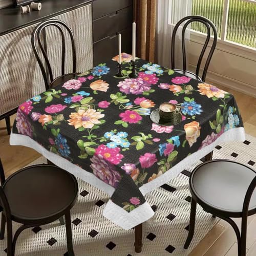 Image of Dakshya Industries PVC Waterproof Square Table Cover 48x48 Inch for 4 Seater Dining Table | Floral Printed Oilproof Stain Resistant Washable Plastic Table Cover, Black Flower
