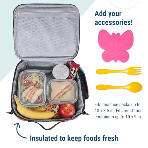 Image of Wildkin Kids ECO rPET Insulated Lunch Box - Keeps Food Hot or Cold, Easy-Clean Lining, Mesh Pockets & BPA-Free - Boys & Girls, Ideal for School, Travel & Daycare - Rainbow Stripe