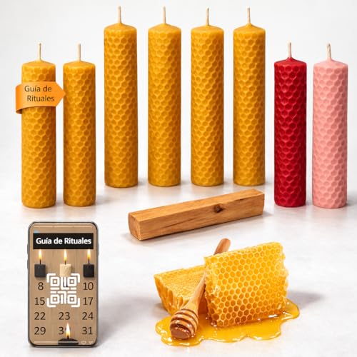 Kit Ritual Velas de Miel 100% Cera de Abeja | 8 Velas + Palo Santo | Amor y Abundancia | 6 Miel 1 Roja 1 Rosa | Incluye QR con Ritual Abundancia y Prosperidad Días 11 y 22