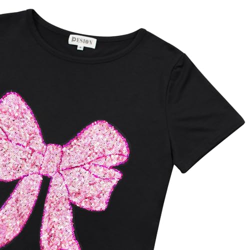 Image of PESION Valentine's Shirts for Women Shiny Sequined Bowknot T-Shirt Tops Tees, Black+ Rose Bow, XX-Large
