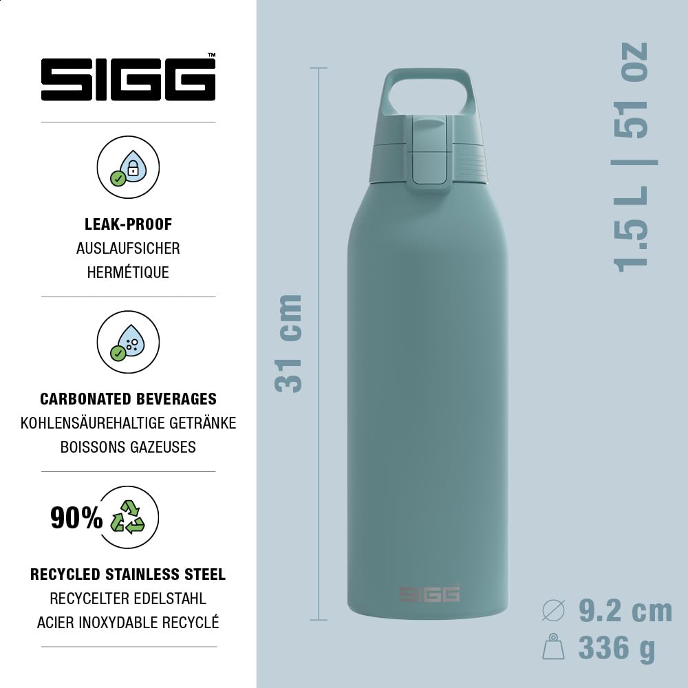 SIGG - Butelka do picia ze stali nierdzewnej – Shield ONE Morning Blue – nadaje się do napojów gazowanych – szczelna – lekka jak piórko – nie zawiera BPA – do użytku na zewnątrz i fitnessu – 1,5 l