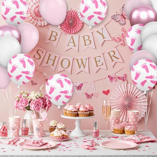 Image of Baby Shower Foot Print Balloons, 30Pcs 12inch Pink White Balloons With Baby Foot Printed Balloon for Girls Baby Shower Gender Reveal Birthday Wedding Decorations