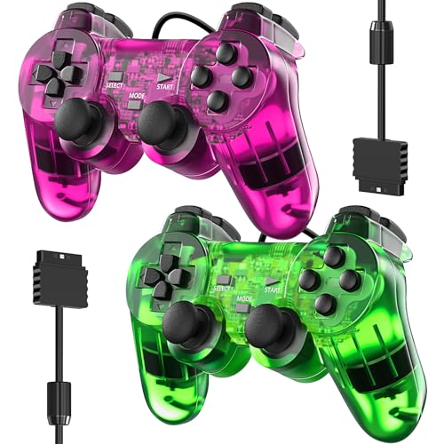 Degulan Wired Controller for PS-2 High Performance Double Shock Gamepad Joystick Remote Compatible with Play 2 (Clear Purple and Clear Grean)