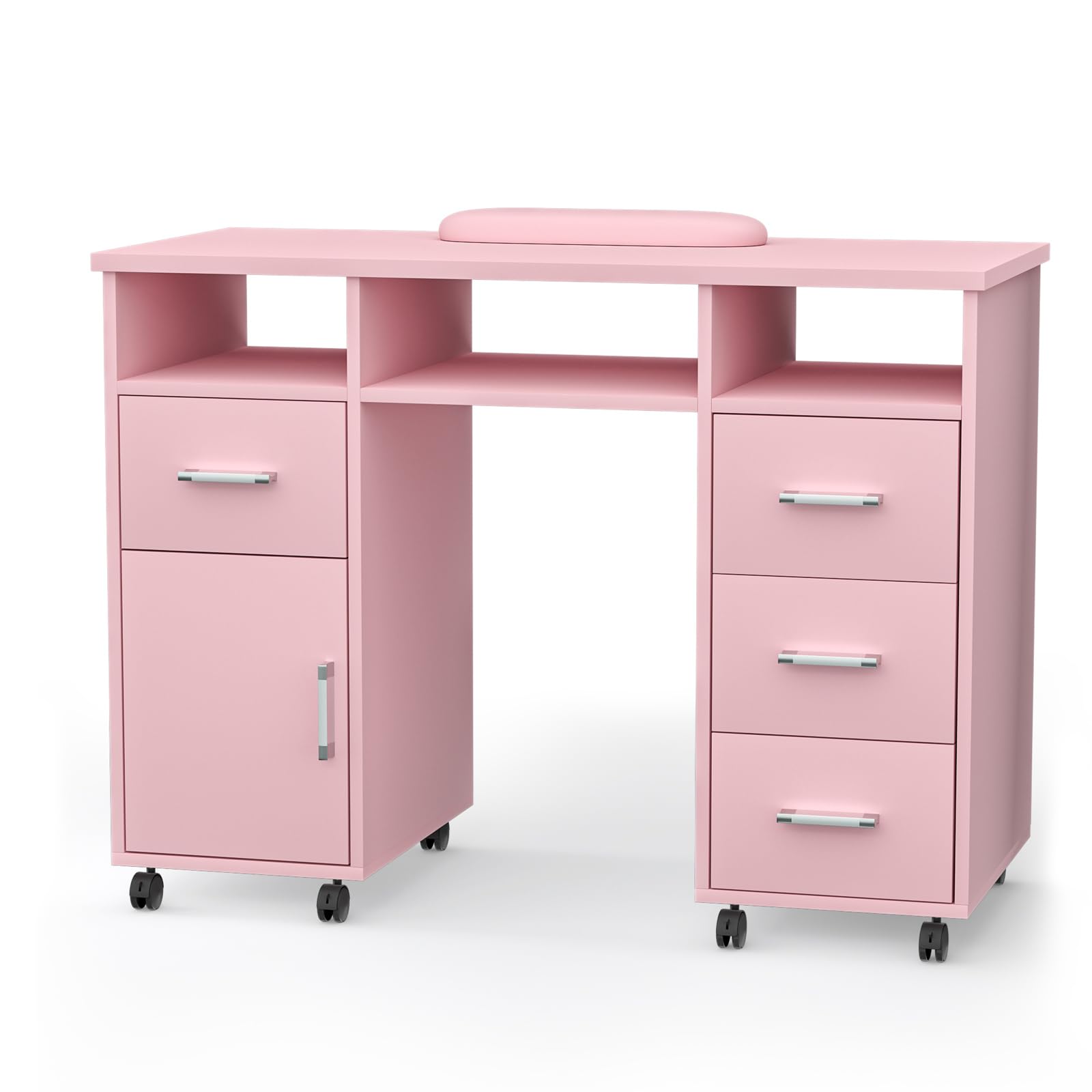 FreSup Professional Nail Tech Desk with Locking Wheels - Mobile Manicure Station for Salon, 4 Drawers & Storage Cabinet, Waterproof Actone Resistance