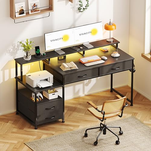 Image of MUTUN 53 inch Computer Desk with 4 Drawers & Power Outlets, Reversible Home Office Desk with Monitor Stand & Printer Stand, Gaming Desk with Led Lights, Study Writing Work Desk Table for Bedroom (Black)