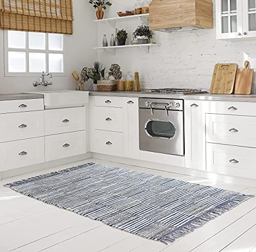 CHARDIN HOME Boho Rag Rug 3x5 feet Denim Blue | Farmhouse Area Rug | Cotton Hand Woven Chindi Rug | Perfect for Hallways, Kitchens, Bathroom, bedrooms | Blue with Accents of White