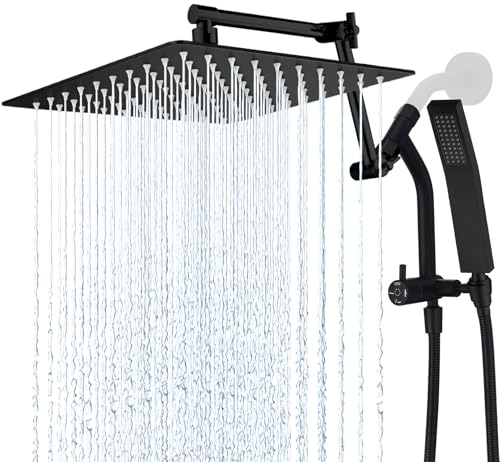 G-Promise All Metal Rainfall Shower Head with Handheld Spray Combo, Shower Diverter with Low Handheld Holder, 3-Way Diverter Valve with Pause Mode (Matte Black)