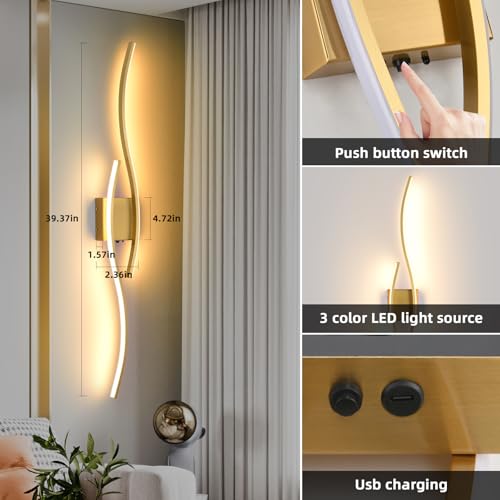 Image of Battery Powered Wall Sconces Set of 2, Gold 39.4 inch LED Dimmable Wall Sconce with Remote Control /Timer /Memory, USB Rechargeable Wall lights for Living Room, Bedroom, Hallway Wireless scones lighting