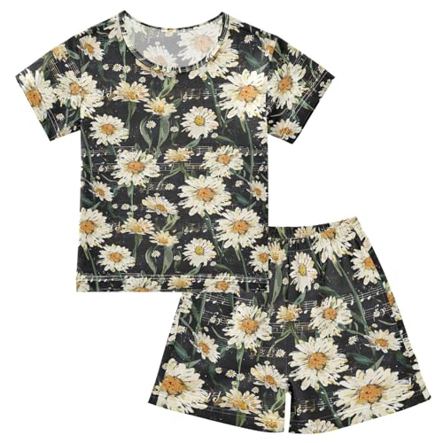 ALAZA Daisy Flowers Music Notes Black Pajama Set Short Sleeve Sleepwear Soft Lounge Nightwear