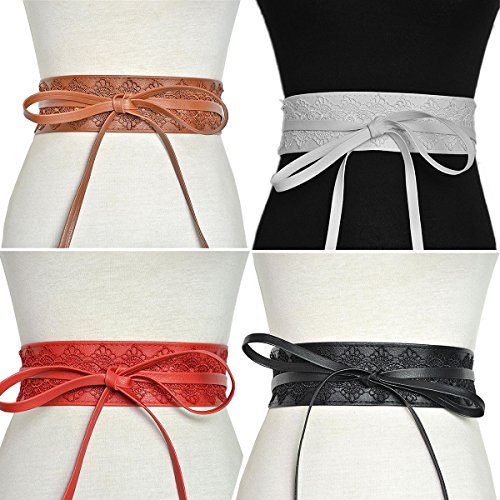 Women's Soft Leather with Lace Waist Belt Bow Tie Wrap Around Boho Corset Fashion Elegant for Dresses (Red)2