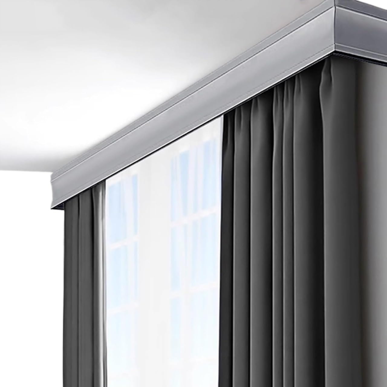 Double Track Curtain, 3-in-1 Palmet Box Double Track Curtain Rod Ceiling Wall Mount White Gray 1-5m(Gray-ceiling,4.4m (14.4ft))