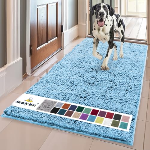Image of Muddy Mat | Super Absorbent Door Mat Indoor, Microfiber Quick Dry Chenille Entryway Rug, Non-Slip Front Door Mat, Indoor Mats for Entryway, Machine Washable Pet Rug, Sky Blue 36 inch x 120 inch