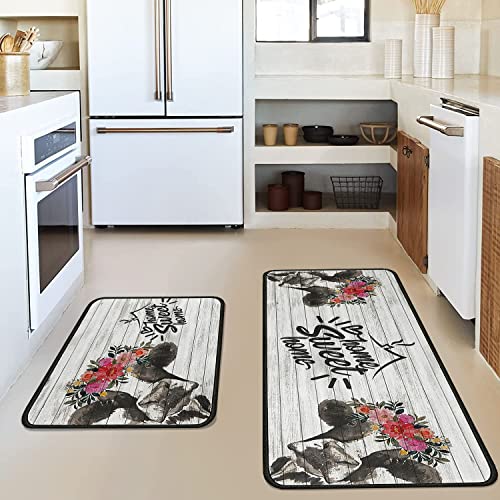 Farmhouse Cow Kitchen Rugs And Mats Set Of 2 Pieces,Home Sweet Home Kitchen Mat Non Slip Absorbent Mats For Sink Waterproof Runner Rug For Laundry Room 17"X30" + 17"X48" #TOP3