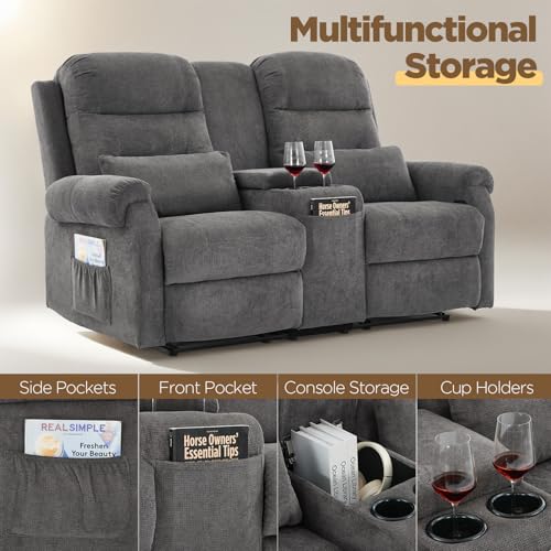 Image of RV Loveseat Recliner with Console, Reclining Loveseat Sofa, Manual Home Theater Seating with Pockets /Cup Holders for Living Room /RV Furniture (Stone Chenille)