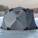 Refugio aislado de pesca en hielo con gato de estufa y piso, cabaña desplegable hexagonal resistente al viento para 6-8 personas, tienda de campaña portátil de invierno al aire libre