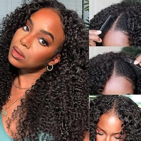 UNILO V Part Wig Human Hair Upgrade U Part Wig Human Hair Wigs for Women 180% Density Glueless V Part Wigs Human Hair No Leave Out Afro Curly V Shape Wigs Natural Color 22 Inch Cover