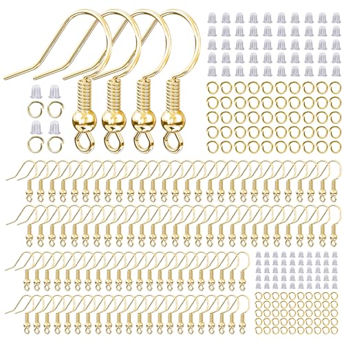 14k Gold Plated Earring Hooks for Jewelry Making 300 Pcs Hypoallergenic DIY Earring Making Supplies Kit Upgraded French Ear Fish Hook Earing Findings Wires Parts Hardware Pieces (Gold)