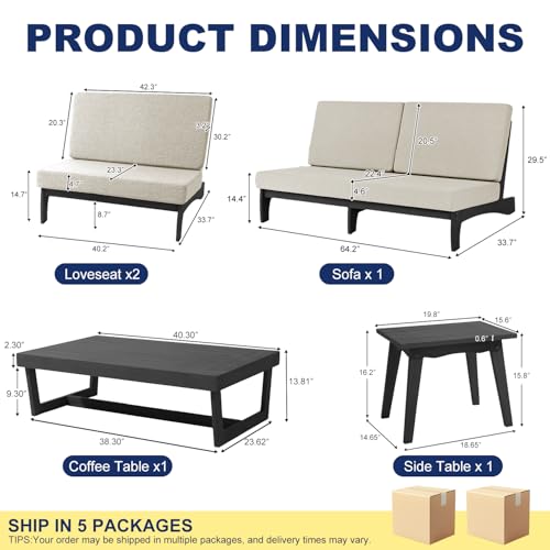 Image of Pia Ricoo 6-Piece Patio Furniture Set, Outdoor Sectional Sofa with Loveseat, 2 Chairs, Coffee Table & Side Table, All-Weather Conversation Set for Backyard /Deck /Lawn - Light Camel /Dark