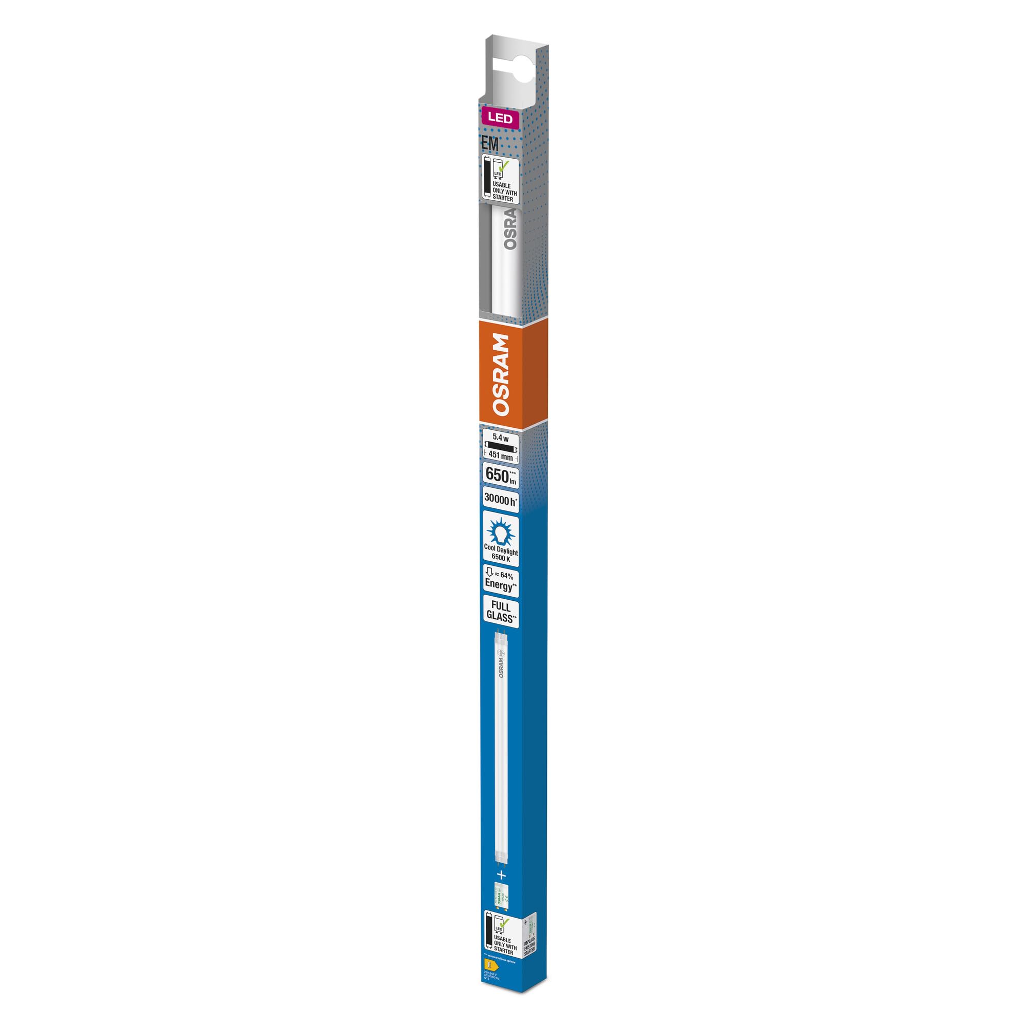 OSRAM LED TUBE T8 15 EM 438 mm, tubo LED lineal, 5,4W, 650lm, 6500K, luz blanca de día, LED de repuesto para tubos fluorescentes T8 con casquillo G13, larga vida, optimo consumo de energía