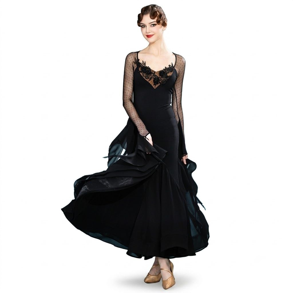 Abiti da Ballo da Sala per Donna con Pizzo Applicato, Scollo a V, Maniche Lunghe, Rete a Pois, Abito Liscio per Valzer, Tango, Ballo Moderno e Gare