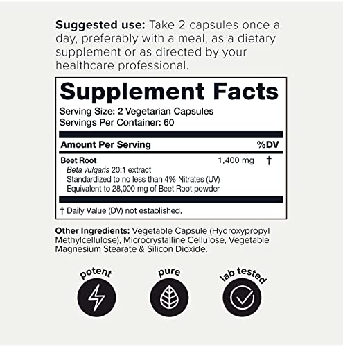 28,000Mg 20X Concentrated Extract Beet Root Capsules - Minimum 4% Nitrates - Natural Nitric Oxide Booster - Highly Concentrated And Highly Bioavailable - 120 Veggie Caps #TOP1