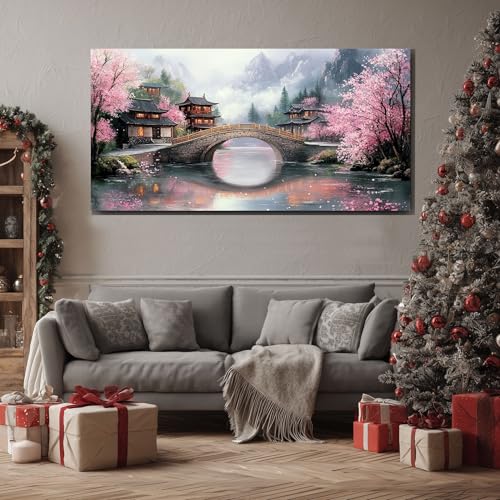 ZORYAN Tableau Decoration Murale Salon Japonais Sakura Grand Impression sur Toile Paysage Fleur de Cerisier Cadre Mural Moderne Oriental Pont Peinture pour...