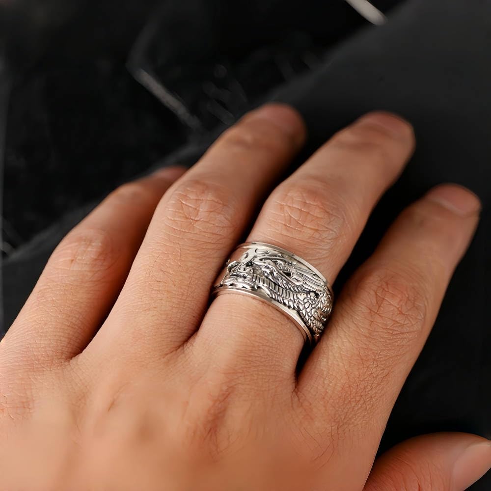 Vintage 925 Sterling Silber Chinesischer Drachen Ring Spinner Fidget Anxiety Ring Band Drachenring Schmuck für Herren Damen 12mm Größe 58-68