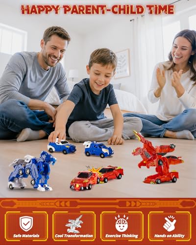 Image of Yivsen Collision Transforming Dinosaur Car Toy, 2 in 1 Magnetic Cars Transform into Dinosaur Toys, Car Crash Dino Robot Toy for Kids, Ideal Birthday Party Gift Toys for Kids Boys Girls, Red Blue