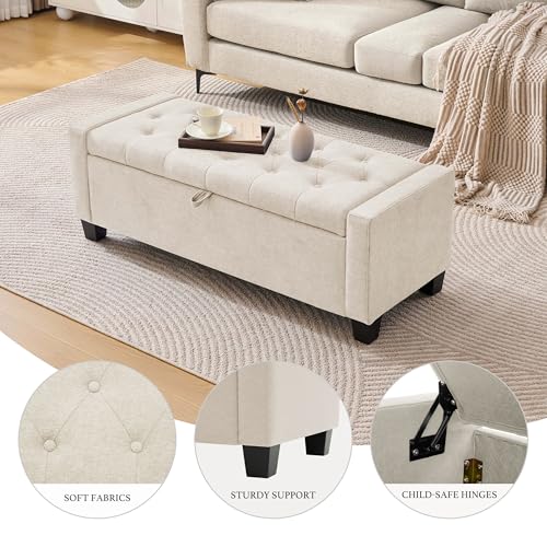 Image of Huatean Home 43 inch Ottoman with Storage, Storage Ottoman Bench with Safety Hinge, Upholstered Entryway Bench with Seating for Bedroom, Living Room, Holds up to 330 lb, Beige