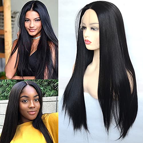 BLUPLE Kanekalon Fiber Lace Front Wigs Silky Straight 1B# Natural Black Color Heat Resistant Synthetic Hair Replacement Full Wigs for Women Daily Wear(22 Inch, Straight,1b#)