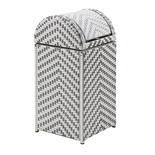24/7 Shop at Home Ulysses Modern Aluminum and All-Weather Wicker Outdoor Trash Can with Push Lid for Outdoor, Patio, Pool Area, Garden, Gray and White
