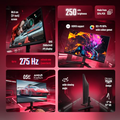 Image of Acer Nitro VG270U Z2 27 Inch QHD Gaming Monitor | IPS 2560x1440 | 275Hz Refresh Rate OC | DRR Support | 0.5ms GTG | DCI-P3 90% | HDR10 | AMD FreeSync Premium | HDMI 2.1, DP 1.4 | Dual 2W Speakers