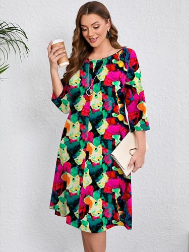 Image of AusLook Women's Plus Midi Dresses Crew Neck A Line 3 /4 Sleeves Casual Elegant Loose Wedding Vacation Dress with Pockets