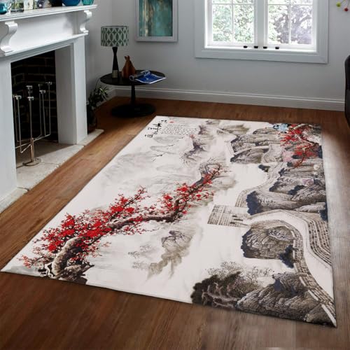WEECHAINGE Alfombras Grandes de Salón Alfombra 60x120cm Gran Muralla Impresión Flor Ciruelo Rojo Pelo Corto Suave Área Paisaje Oriental para Habitación Felpudo Suelo Sofá Mesa Centro Decoración