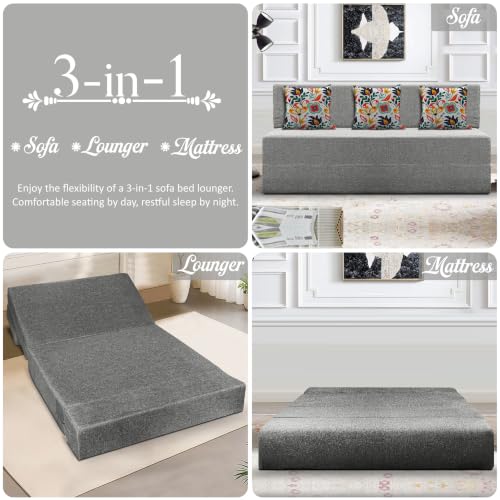 Image of Los Angeles Foldable Three Seater Sofa Cum Bed, Sofa Bed 5 X 6 Feet Jute Fabric Washable Cover- Including Cushion Perfect for Living Room - Grey