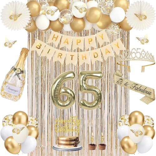 51Pcs 65th Birthday Decorations for Women Champagne Gold 65th Birthday Decorations for Her 65 Sash and Crown Banner Fringe Curtains Hanging Paper Fans 65 Year Old Party Supplies Set