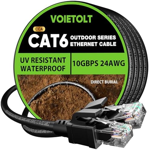 VOIETOLT Outdoor Cat 6 LAN Kabel 25meter, Außen Wasserdicht Direct Burial LLDPE UV Mantel - 24AWG 10Gbps Hochgeschwindigkeits Gigabit Ethernet Netzwerkkabel - CCA, UTP mit 20 Kabel