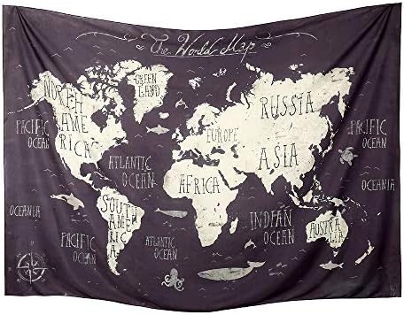 World Map Tapestry Wall Hanging Atlas Art Decor Dorm Large Vintage Geography Earth Globe Tapestries Hangings (Black and Gray, 59.1ʺ × 76.7ʺ)