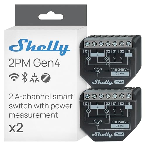 Shelly 2PM Gen4 - Interruptor de relé inteligente WiFi, interruptor de persiana, contador de corriente, 2 canales, 16 A, interruptor de luz, Smart Home, temporizador, Alexa, Google y HomeKit, mate, no