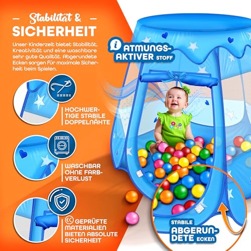 KIDUKU® Kinderspielzelt + 100 Bälle + Tasche Spielhaus Bällebad Schloss für drinnen und draußen (Blau)