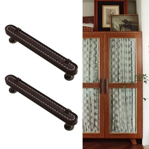 Image of 6 Pack Leather Cabinet Handle Pulls 5 inch Hand-Stitch Dark Brown Leather Drawer Pulls Dresser Handle Pulls for Cabinets Cupboards Dressers Drawers Bedroom Leather Pulls