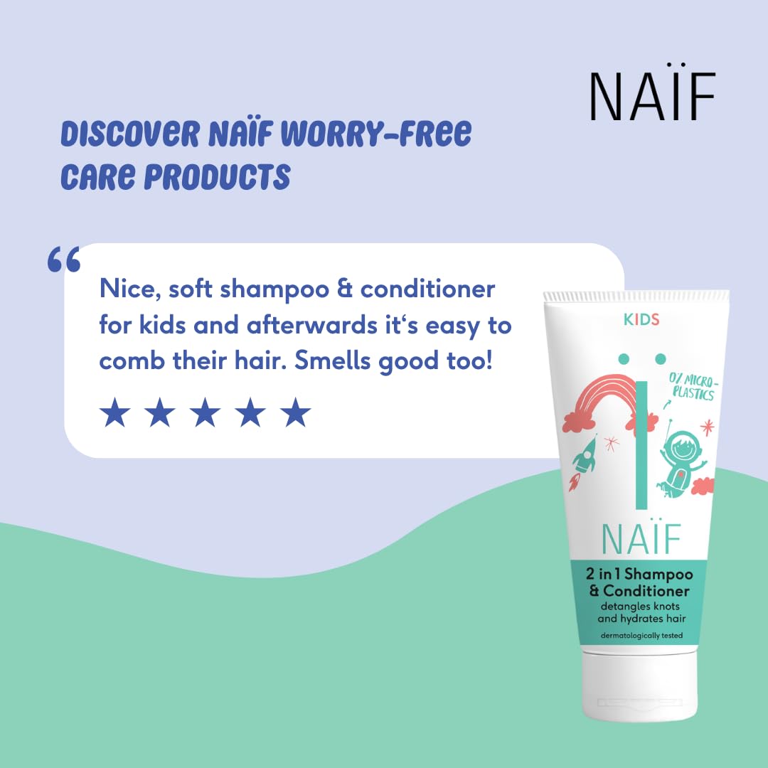 Naïf Shampoing & Après-Shampoing 2 en 1 Bébé & Enfant – 0% parfum, doux, sans SLES, microplastiques ni silicones, testé dermatologiquement – 200 ml