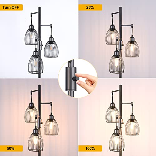 Image of Nintiue Dimmable Floor Lamp, 3 x 800LM LED Edison Bulbs Included, Industrial Floor Lamp Standing Tree Lamp with Elegant Teardrop Cage Heads Tall Lamps for Living Room Bedroom-Grey