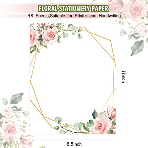 Anydesign 48 Sheet Floral Stationery Letterhead Paper Pink Flower Letter Writing Paper Wedding Floral Border Paper Notes Greeting Paper For Wedding Party Invitations School Printing, 8.5X11 Inch #TOP1