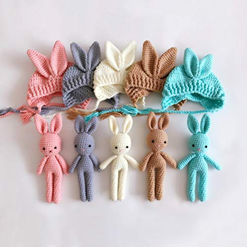 Vpang Newborn Baby Photo Shoot Props Boys Girls Crochet Knitted Hat Rabbit Hat Beanie with Rabbit Dolls Photography Props3