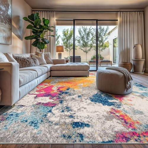 Rugshop Distressed Abstract Watercolor Area Rug, Non-Shedding Multicolor Carpet for Living Room or Open Apartment Layout, 6'6' x 9'