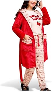 بيجامة شتوية للنساء مقاس XL - طقم بيجامة للنساء مخملي احمر × ابيض، طقم نوم ناعم ومريح من ثلاث قطع